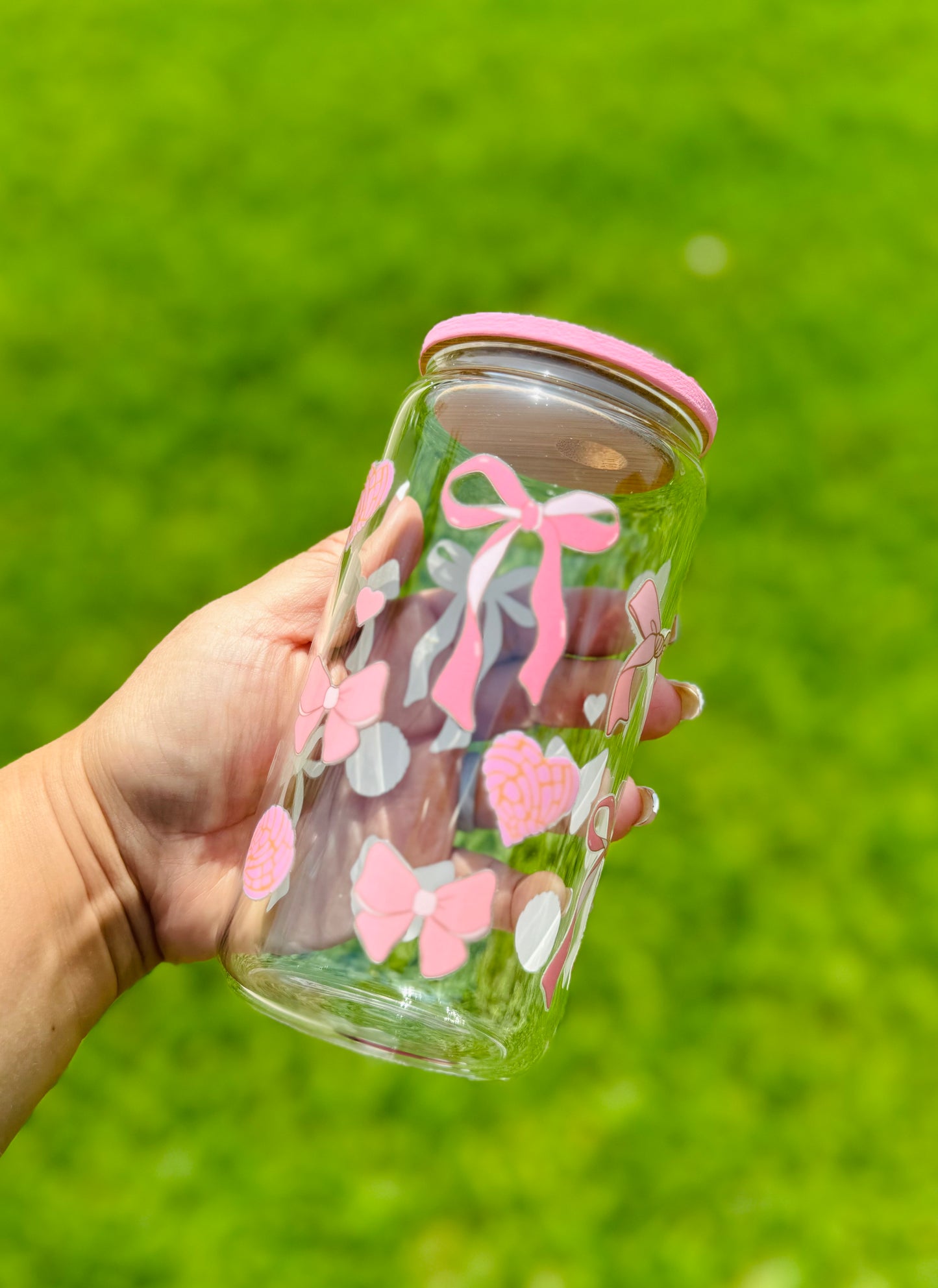 Coquette pink bow Libby glass can 16 oz